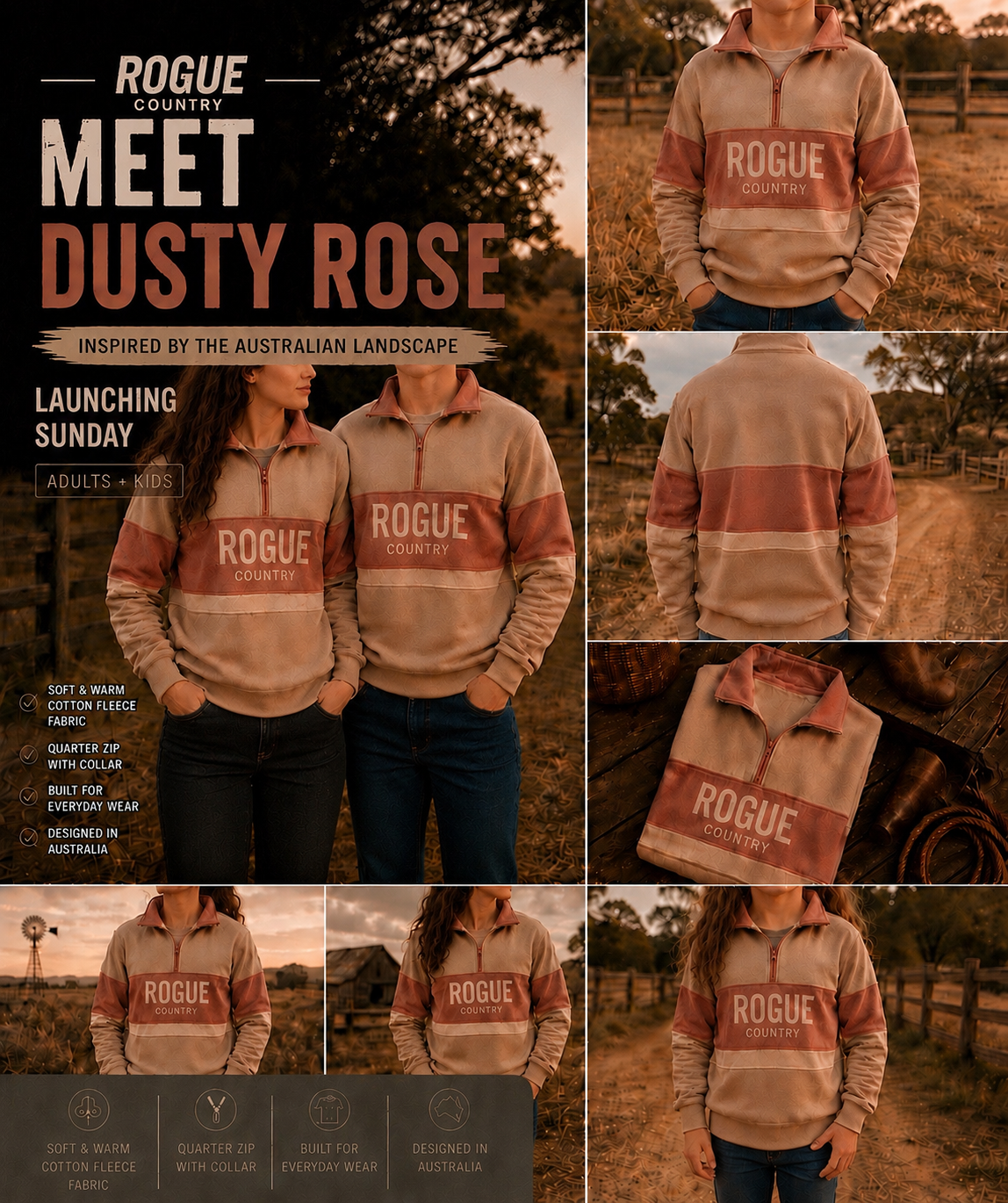 Unisex RC collared quarter zip jumper- Dusty rose/oat/cream