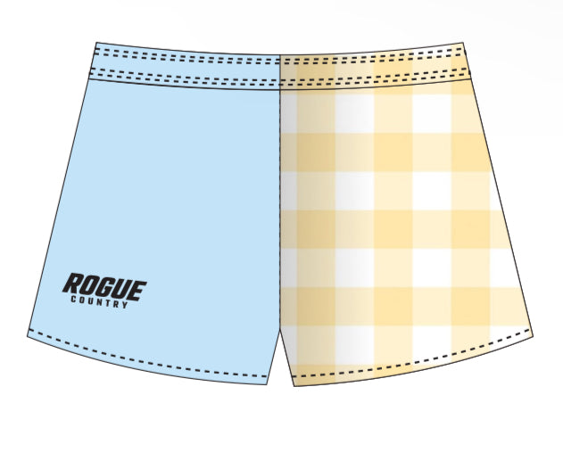 Blue/yellow gingham footy shorts (with zip pockets)