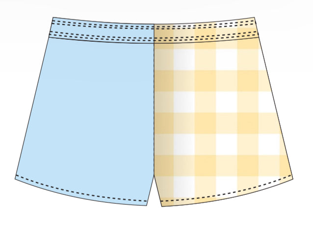 Blue/yellow gingham footy shorts (with zip pockets)