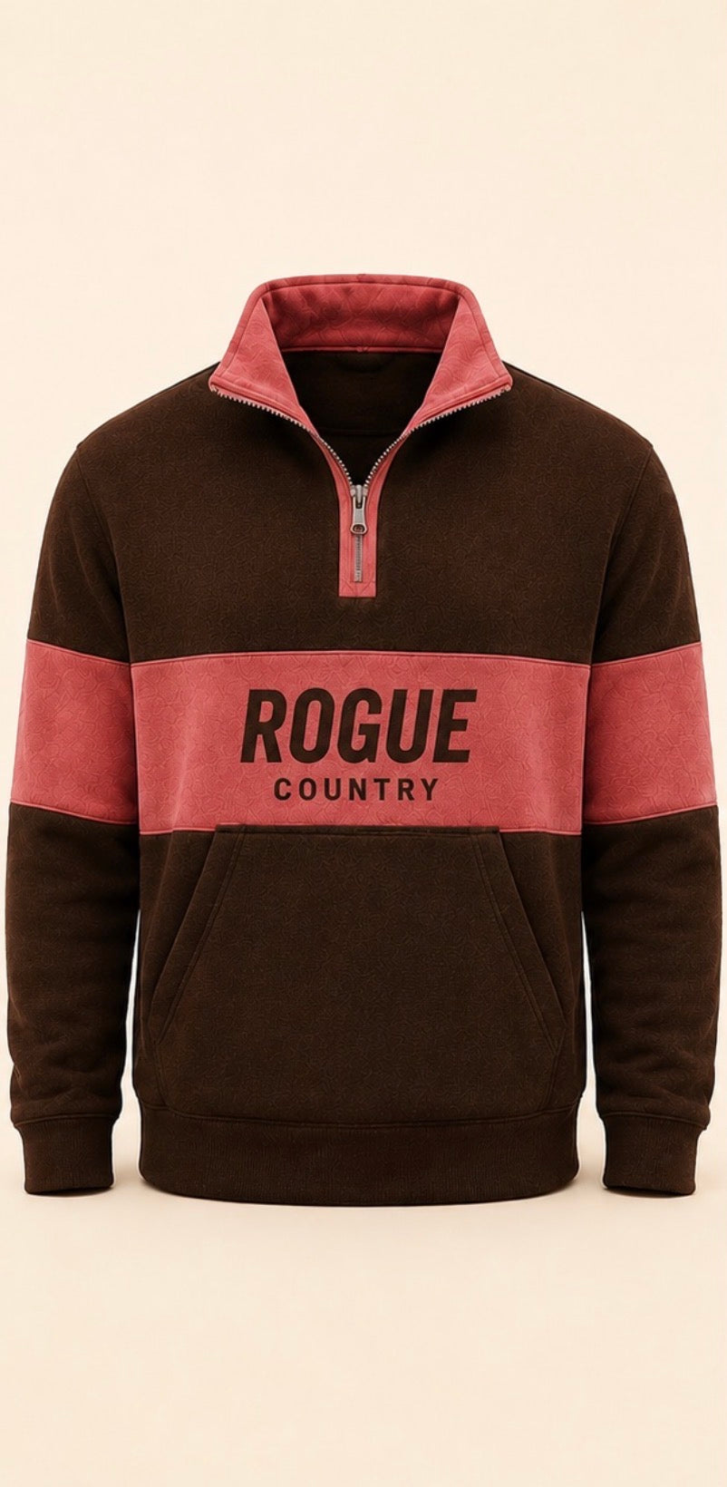 (PRE-ORDER) Unisex Adults RC collared quarter zip jumper (with kangaroo pocket)- Chocolate/Rodeo Rose