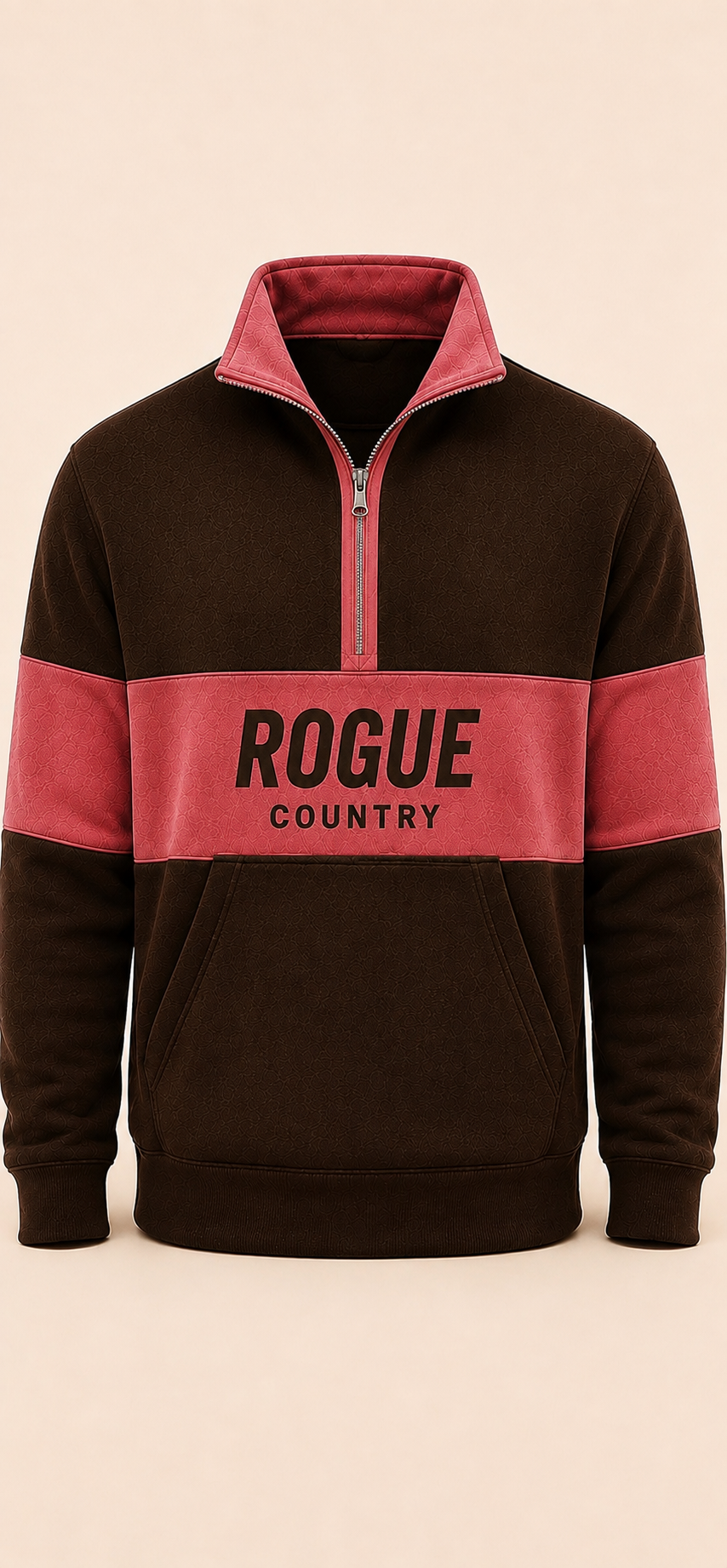 Unisex Adults RC collared quarter zip jumper (with kangaroo pocket)- Chocolate/Rodeo Rose