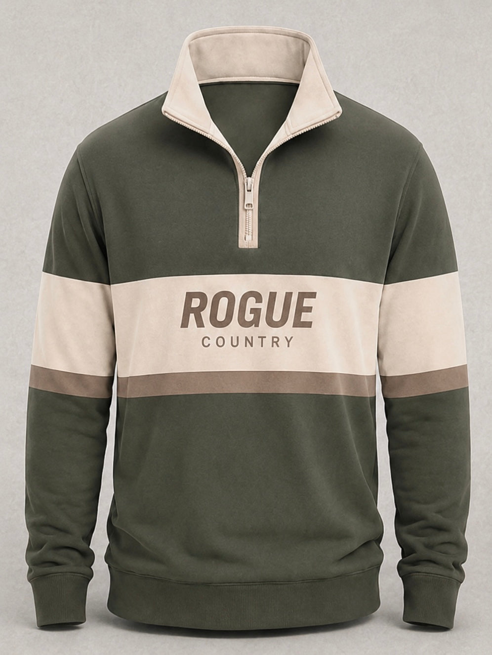 Unisex RC collared quarter zip jumper- khaki green/oat/cream