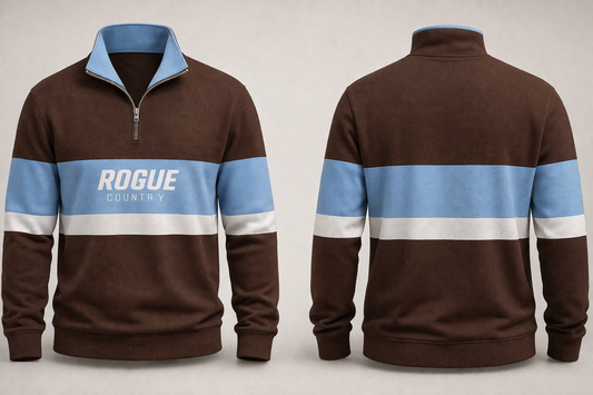 Unisex RC collared quarter zip jumper- brown/blue/white
