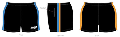 RC Footy shorts (with zip pockets)- Black with yellow/blue stripes