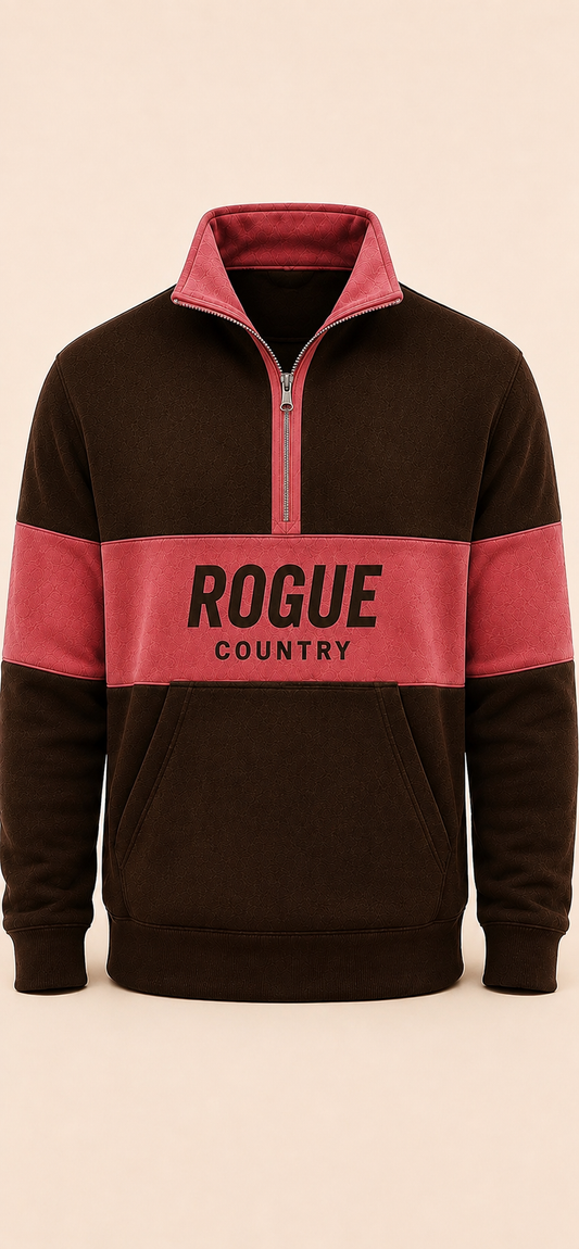 (PRE-ORDER) Unisex Adults RC collared quarter zip jumper (with kangaroo pocket)- Chocolate/Rodeo Rose